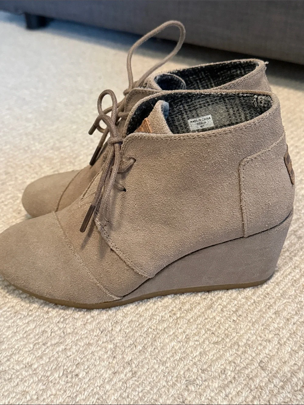 TOMS Taupe Suede Lace-Up Wedge Ankle Boots